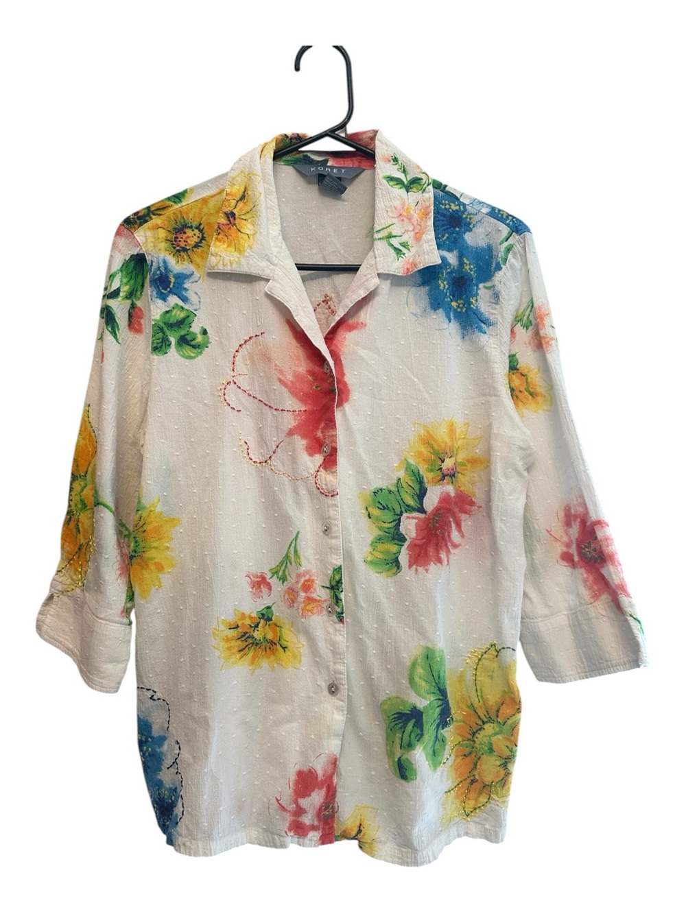 Vintage 90s Koret White Floral Button-Down Shirt - 3/4 Sleeves Size Medium